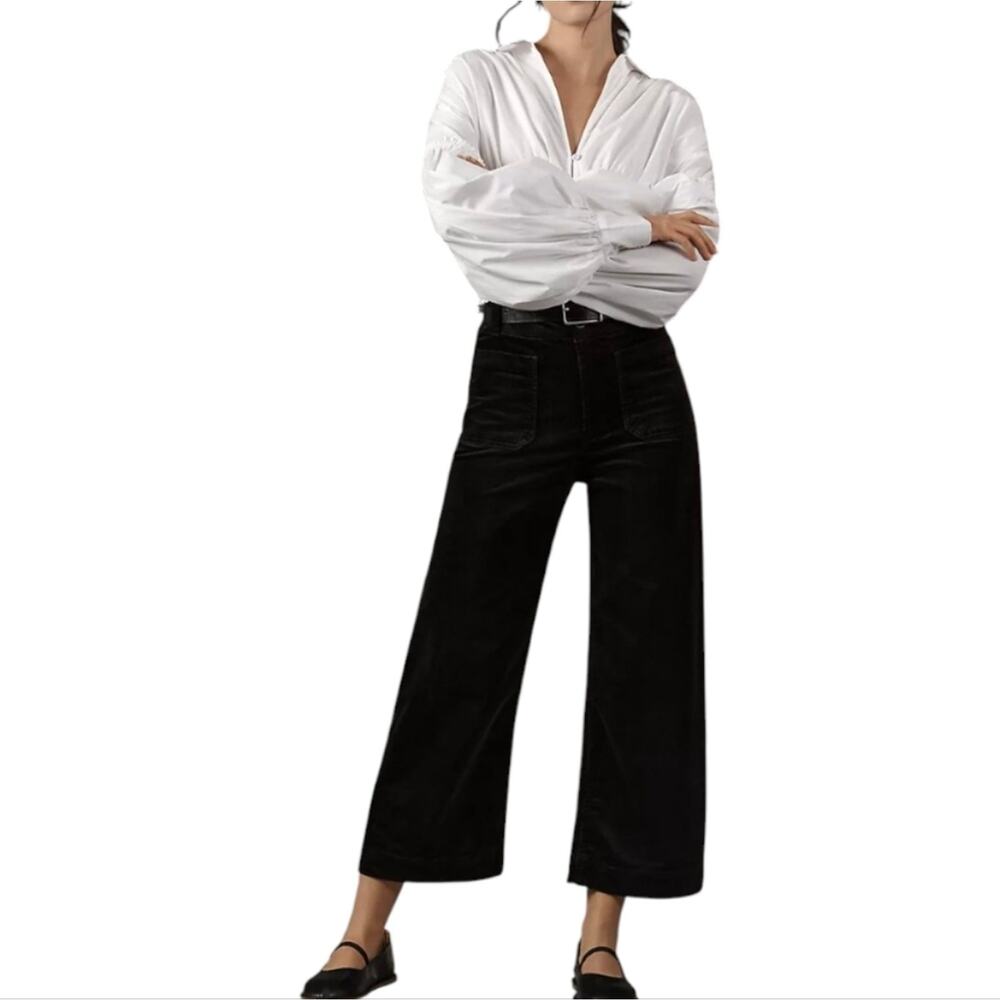 Fat Face Velvet Wide Leg Cropped Pants High Waist Zipper Hem Black Size 12 New